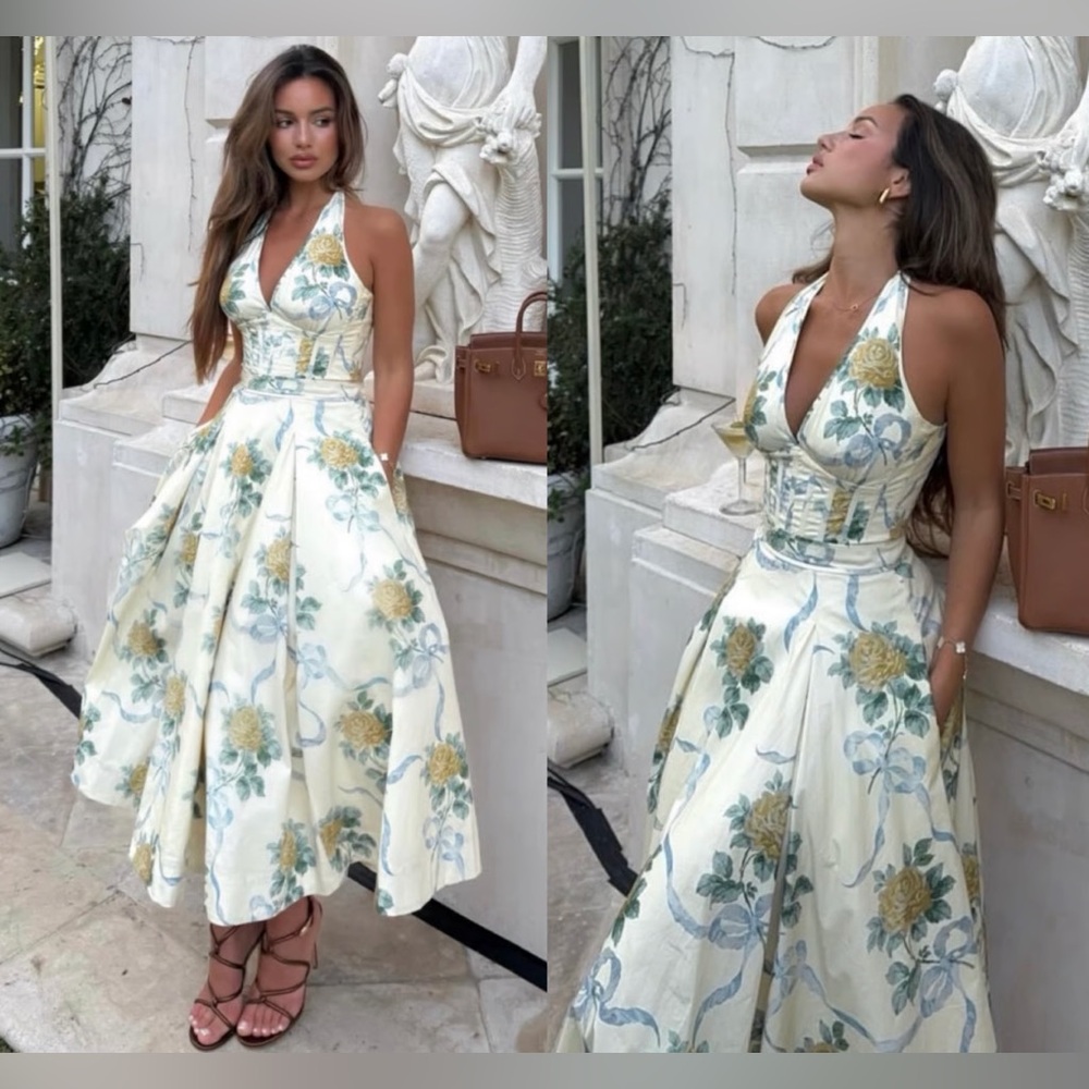 House of CB “ALLENA” Lemon Ribbon Stretch Cotton Halter Midi Sundress💛🤍